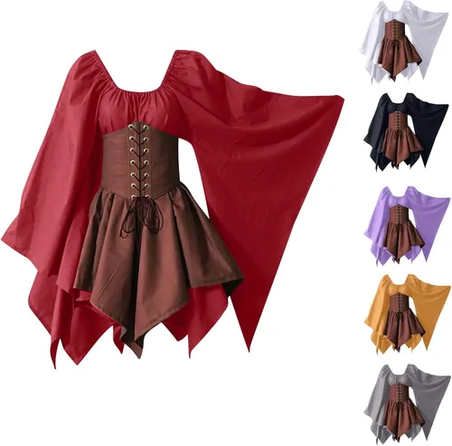 Vista 4 de Vestido irlandés tradicional para mujer, disfraz medieval renacentista, manga acampanada, falda de corsé, vestido gótico victoriano