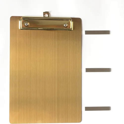 Vista 10 de Portapapeles magnéticos de acero inoxidable 4 x 6, portapapeles dorados pequeños tamaño A6, tablero de clip de metal con clip de perfil bajo