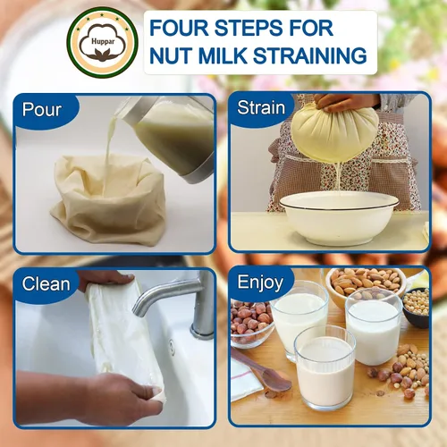 Vista 6 de Paquete de 3 bolsas de leche de nuez de 16 x 16 pulgadas para colar, 100% tela de algodón sin blanquear, gasa reutilizable, colador para leche