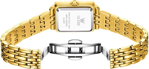 Vista 9 de OLEVS Reloj de mujer de oro de acero inoxidable, reloj de cara cuadrada pequeña con decoración de diamantes, reloj de vestir de cuarzo analógico