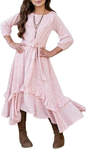 Vista 11 de MITILLY Vestido largo maxi suelto liso de manga 3/4 casual con bolsillos y volantes estilo swing con cinturón para niñas 01 Azul oscuro fultter