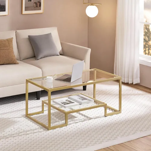 Vista 2 de Yaheetech Mesa de Café Dorada, Mesa de Centro de Vidrio Rectangular de 42" para Sala de Estar, Mesas de Té de 2 Niveles con Marco de Metal