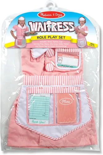 Vista 6 de Melissa & Doug Juego de disfraz de camarera (7 piezas) – Incluye delantal, almohadilla de pedido, gorra rosa de 3 a 6 años