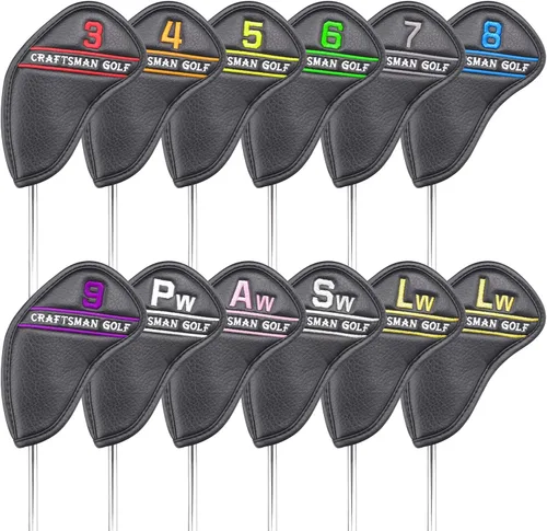 Vista 12 de CRAFTSMAN GOLF 12 piezas o 1 pieza de fundas para cabezas de palos de golf de cuero negro, con número de colores bordado para Callaway, Ping