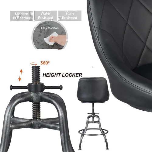 Vista 4 de Diseño industrial Metal Altura ajustable PU Respaldo Silla Vintage Bar Taburete Negro Asiento de cuero