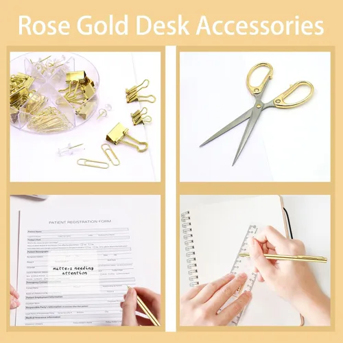 Vista 5 de Suministros de oficina dorados, accesorios de escritorio dorados de UPIHO, juego de grapadora y dispensador de cinta con grapadora grande