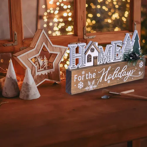 Vista 2 de Bloques de señalización navideña de madera, decoración de mesa con cita para el hogar, señal de bloque de centro de mesa de Navidad con copo