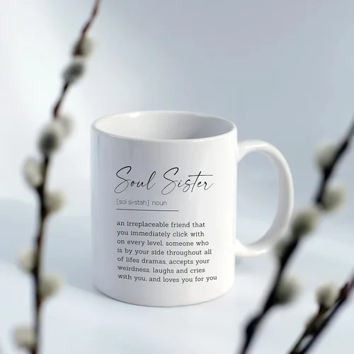 Vista 3 de DOTAIN Taza de café de 11 oz con frase "Sweet Quote Soul Sister", impresión de doble cara, linda hermana del alma, regalo para mejor amiga