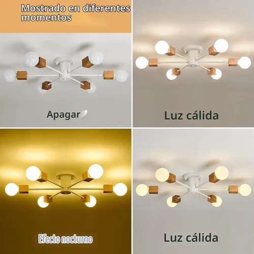 Vista 3 de Lámpara Sputnik Boho de 6 luces semiempotrada para techo, lámpara de techo de madera y blanca para comedor, sala de estar, dormitorio, cocina
