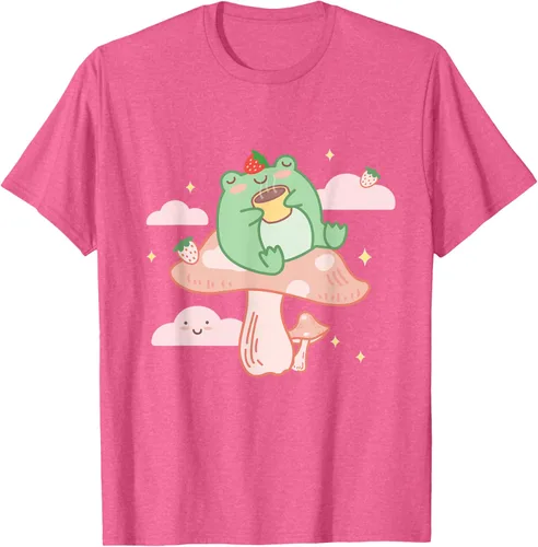 Vista 36 de Kawaii Strawberry Frog On Mushroom - Camiseta de manga corta de anime, Azul / Patchwork, S Azul Pastel