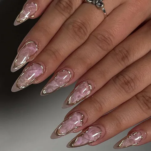 Vista 12 de MISUD Uñas a presión – Uñas con pegamento de almendras medianas con cromo, diseño de punta francesa acrílica, 24 piezas