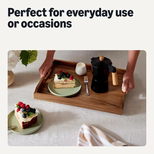Vista 4 de Amazon Basics Bandeja de madera para servir, bandeja decorativa de madera de acacia de 17 x 12 pulgadas con asas integradas para desayuno