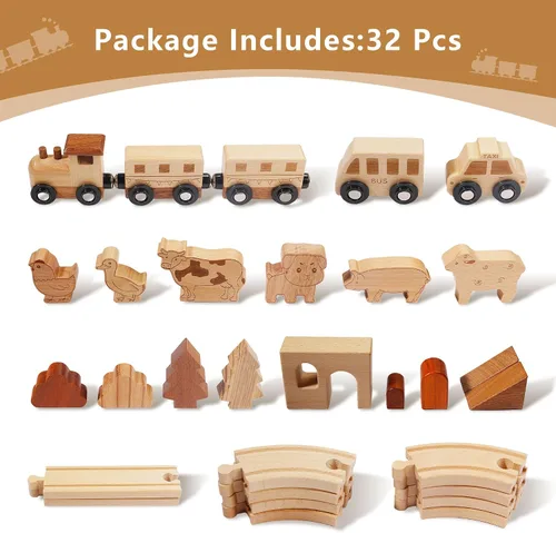 Vista 2 de Juego de tren de madera Montessori juguetes para niños fomentan el juego imaginativo y las habilidades motoras finas, pistas de tren de doble cara