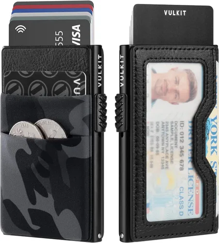 Vista 43 de VULKIT Billetera minimalista con ventana de identificación y bolsillo EDC con bolsillo desplegable para tarjetas de crédito y bloqueo RFID, diseño