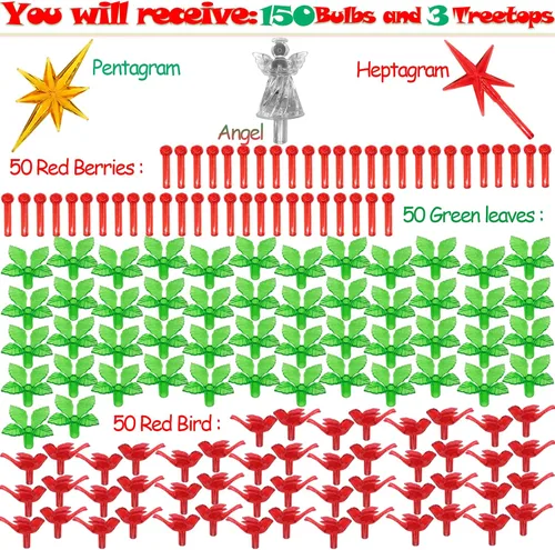 Vista 4 de 153 luces de cerámica de repuesto para árbol de Navidad, 50 bombillas de hojas verdes Lites, 50 clavijas de árbol de bayas de plástico y 50 adornos