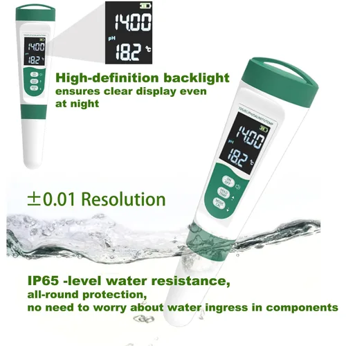 Vista 6 de Medidor digital de pH, probador de agua rápido 5 en 1 para pH/EC/TDS/salinidad/temperatura 0.01pH de alta precisión Probador de pH impermeable