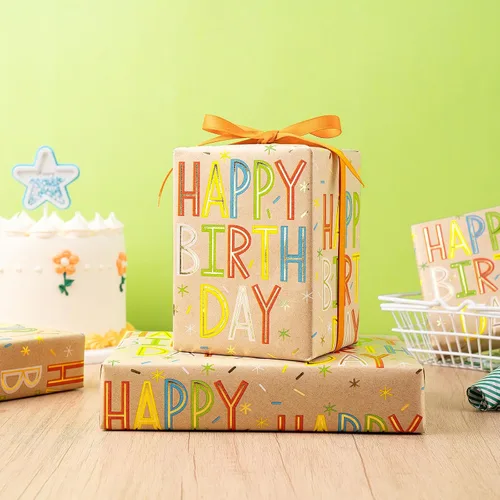 Vista 3 de RUSPEPA - Rollo de papel para envolver regalos de cumpleaños, rollo jumbo, papel de regalo de cumpleaños colorido con texto de lámina dorada, papel