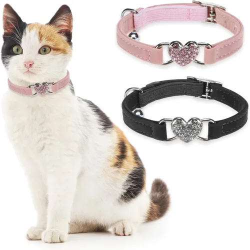 Vista 21 de BINGPET collar ajustable para gatos, de terciopelo suave, seguro, collares Bling diamante con cascabel, Adjustable, Negro Negro