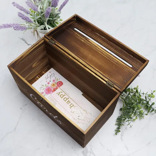 Vista 5 de MDLUU Caja de madera para tarjetas de boda, caja rústica para dinero de boda con cerradura, soporte para sobre, caja de recepción de tarjetas