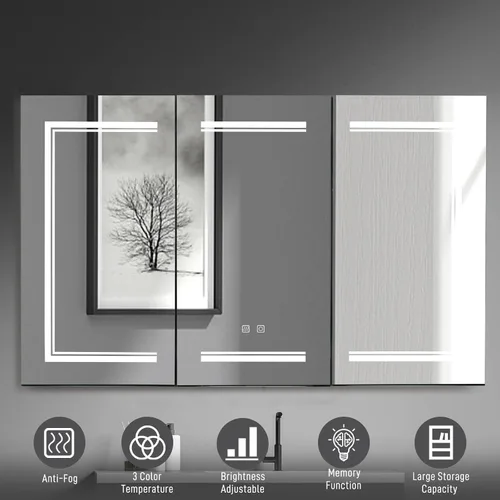 Vista 5 de Karl home Botiquín de baño de 3 puertas de 48 x 28 pulgadas con espejo LED, gabinete de baño regulable de 3 colores montado en la pared con estantes