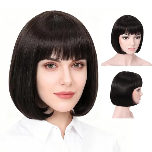 Vista 13 de Onedor - Peluca de cabello corto y recto de 10 pulgadas para cosplay, peluca Bob (Negro)
