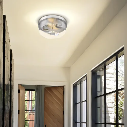 Vista 7 de Lámpara de Techo Empotrada de Níquel Cepillado, Luminarias de Pasillo de 2 Luces, Lámpara de Techo de Estilo Granja Moderna de Vidrio Transparente