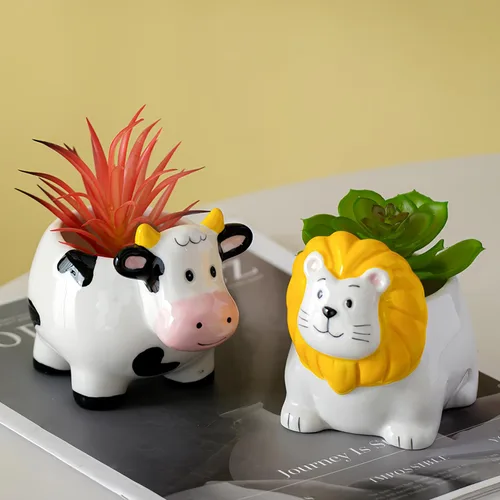 Vista 7 de Maceta de cerámica en forma de animal - Decoración única y encantadora para el hogar (vaca)