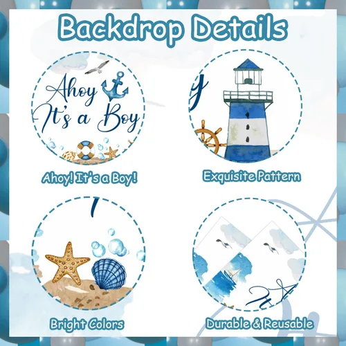 Vista 3 de 70 piezas de decoraciones náuticas para baby shower para niños con fondo Ahoy It's a Boy azul blanco marino marino faro barco y arco de globos
