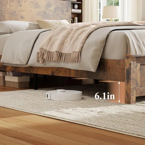 Vista 6 de Base de cama con cabecera de almacenamiento, plataforma de madera con estantes, carga USB y tipo C y luces LED, no necesita somier, sin ruido, fácil