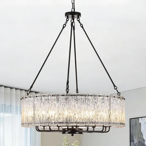 Vista 11 de CATINER Candelabro de cristal de 20 pulgadas, moderno, 6 luces, lámparas de tambor dorado, iluminación colgante de techo de lujo para entrada