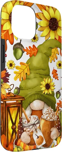 Vista 3 de iPhone 15 Hello Fall Gnomo para mujer, diseño de hojas de otoño, diseño de calabaza