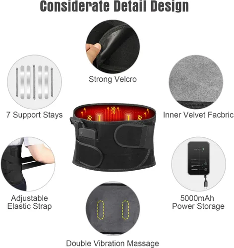 Vista 6 de Soporte térmico para la espalda con masaje, almohadilla térmica recargable para aliviar el dolor de espalda, cinturón de apoyo de espalda ajustable