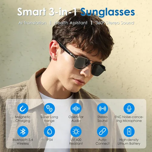 Vista 9 de GetD AI Smart Glasses Aviator, traducción en tiempo real, gafas Bluetooth AI Sunglasses for Women Men, Polarized Lens, Bluetooth Open Earbuds, 11H
