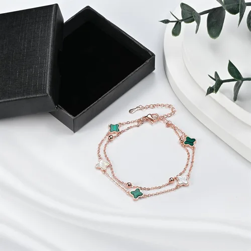 Vista 6 de Hothink Pulseras para mujer, pulsera de trébol de moda, pulsera de oro rosa, pulsera de trébol de la suerte, negro, rojo, verde, blanco, pulsera