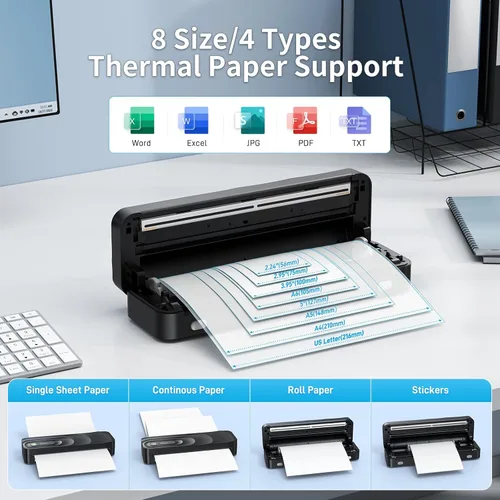 Vista 3 de Impresora térmica portátil A4 3 rollos de papel térmico y 2 papeles plegables incluidos Impresora Bluetooth sin tinta con funda de transporte