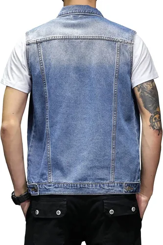 Vista 2 de DAVID.ANN Chaleco de mezclilla para hombre, chaqueta sin mangas de camionero