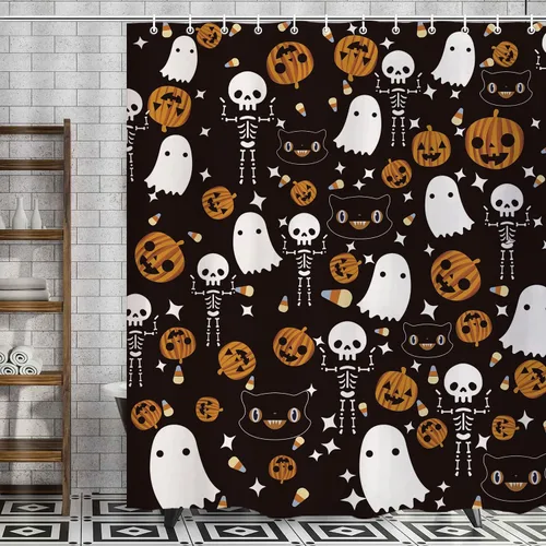 Vista 5 de GAGEC Cortina de ducha de Halloween, espeluznante calabaza esqueleto, cortina de ducha de dibujos animados, decoración de baño