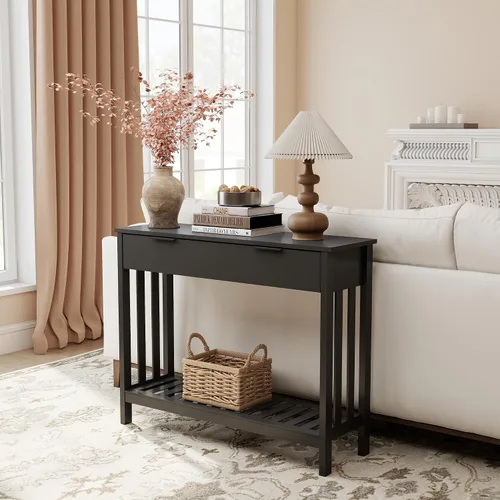 Vista 2 de TaoHFE Mesa de entrada negra con cajón, mesa consola estrecha moderna de madera con almacenamiento, mesa de pasillo, mesas de sofá para sala