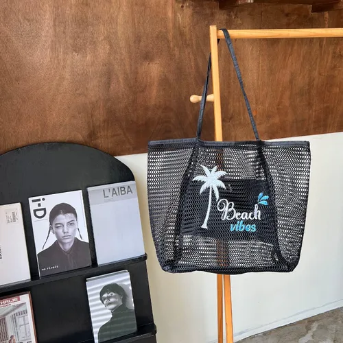 Vista 7 de ukia Bolsa de playa de malla, bolsas de playa de gran capacidad para mujer, bolsa de playa plegable con bolsillo con cremallera