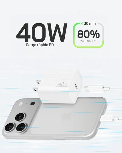 Vista 2 de Cargador de carga rápida para iPhone 17, 16, 15 Pro, bloque de carga rápida USB-C de 40 W para iPhone con cable de carga tipo C a C de 6 FT