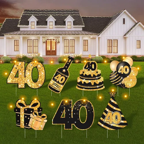 Vista 20 de Decoraciones de cumpleaños número 13 para niñas - 7 piezas de letreros de cumpleaños rosas para el patio con estacas, 2 piezas de luces LED Rosa 13