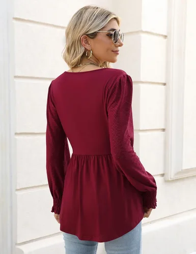 Vista 5 de Widmile Blusa de manga abombada para mujer, estilo casual, cuello cuadrado, con estampado floral, con encaje