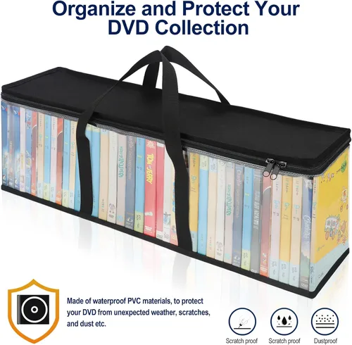 Vista 4 de Bolsas de almacenamiento de DVD CCidea (Set de 2) Funda de PVC transparente con asas para cajas de DVDs/CDs/VHS/Blu Ray/Películas/Videojuegos - Cada