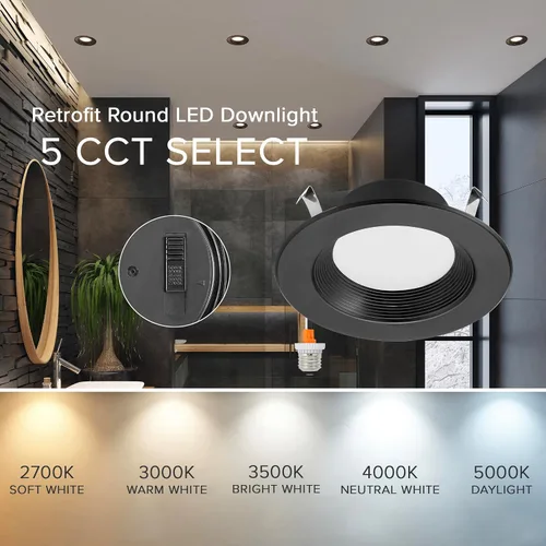Vista 6 de Maxxima 4 pulg. Luz de techo empotrada LED de 5 CCT, 800 lúmenes, con conexión rápida E-26, color seleccionable 2700K-5000K