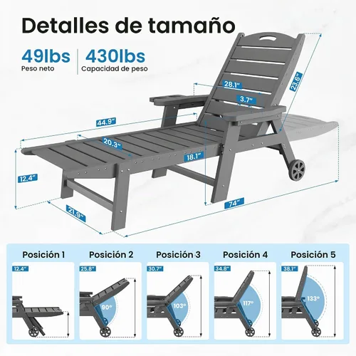 Vista 2 de UDPATIO Silla de salón para exteriores, tumbonas reclinables, piscina 2-Gris