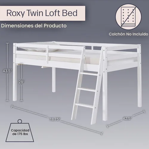 Vista 2 de Alaterre Furniture Roxy - Cama tipo loft individual – Cama baja tipo loft con escalera, barandillas de seguridad y espacio debajo de la cama