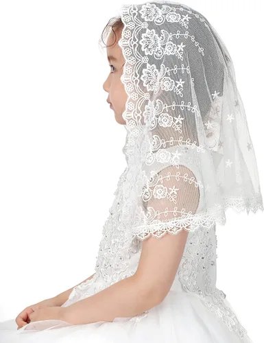 Vista 6 de PAMOR Velos de primera comunión para niñas, velo de cabilla de encaje, velos de Misa Latina, velo de iglesia para bautismo católico, forma de D
