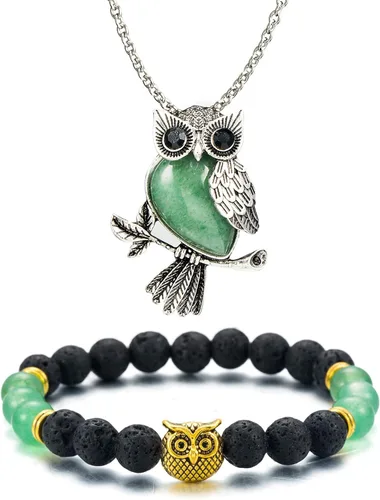 Vista 2 de Softones Collar de búho con cristales curativos para mujeres y hombres, collar de piedras preciosas de energía espiritual Reiki, juego de pulseras