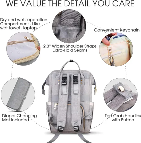 Vista 4 de ZOUNICH Bolsa de pañales, bolsas de pañales impermeables multifunción con cambiador de pañales, Gris, Compacto