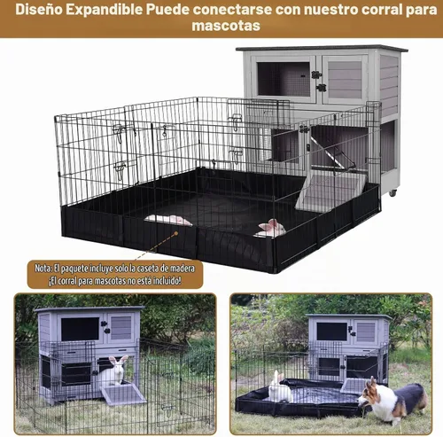 Vista 4 de Conejera para Exteriores e Interiores Jaula de Conejo 2 con Bandejas Extraíbles Grandes Jaula de Conejillo de Indias de 2 Pisos sobre Ruedas - Se